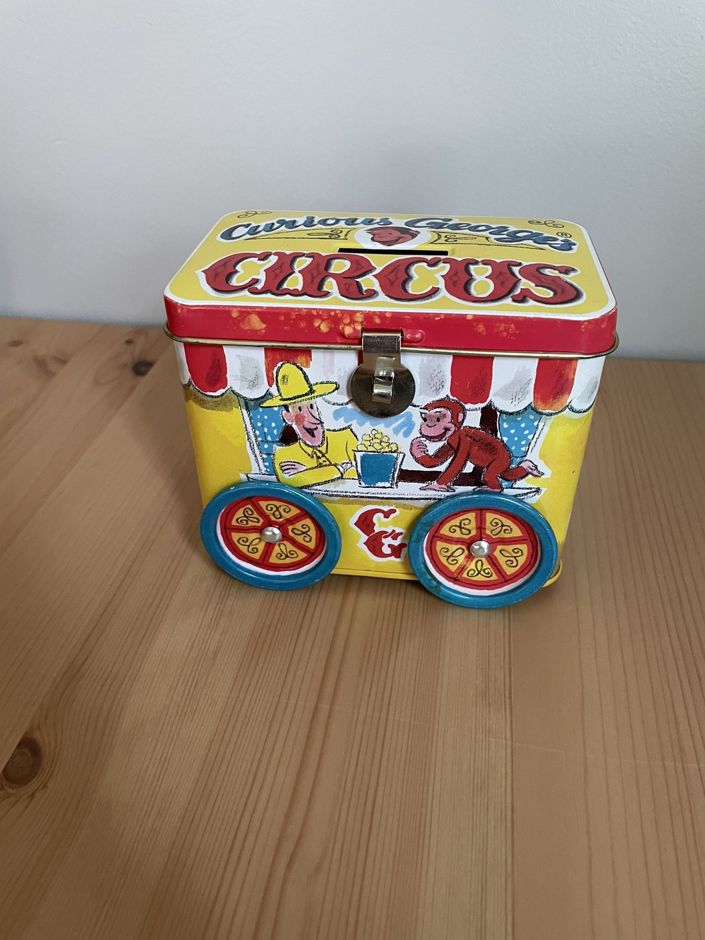 Vintage Curious George Tin Circus Wagon Train Coin Bank With Rolling Wheels Metal Children’s Piggy Bank