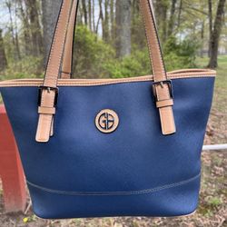 Stylish GB Navy Blue & Tan Tote Bag – Excellent Condition