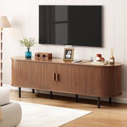70.8" TV Stand with Power Outlet & Storage for TVs up to 75” Walnut Entertainment Center with Adjustable Shelves, Modern Media Console with Sliding Do