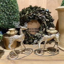 NWT - Pair Of Silver/Gold Leaf Reindeer Candleholders. Original Price 29