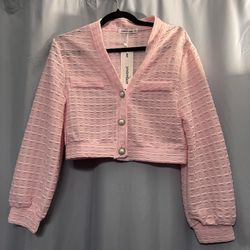 Pink Cropped Cardigan – Textured Knit w/ Pearl Buttons (Size M)