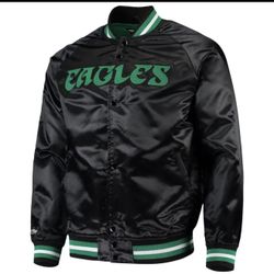 Philadelphia Eagles Varsity Black Satin Jacket by Mitchell & Ness, Sticker Patch (Large)