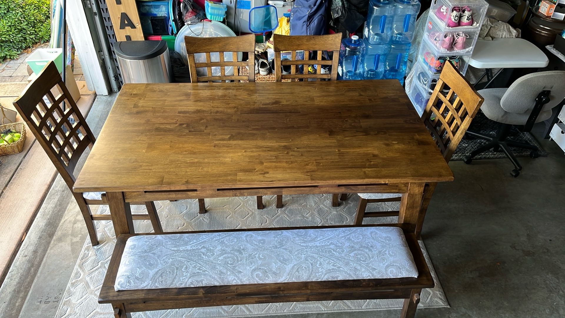 Solid Wood (Walnut Color) Dining Table With 4 Chairs And Bench (Seats 7) & Cabinet Set