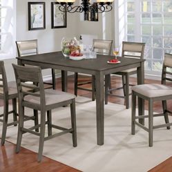 Dining Set 7 Pc Counter Height Wheathered Grey Finish, Beige Fabric, New Especial Price 