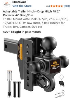 Mmtowus Adjustable Trailer Hitch - Drop Hitch Fit 2" Receiver -6" Drop/Rise Tri Ball Mount with Hook (1-7/8'', 2'' & 2-5/16''), 12,500 LBS GTW Tow Hi