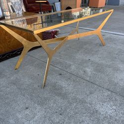 Mid Century, solid metal goldish glass top coffee table