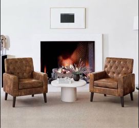 Set Of 2 LUE BONA Yellowish Brown Faux Leather Accent Chairs 18.5" H, Button Tufted Arm Cha