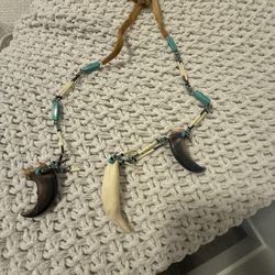 Native American choker necklace, genuine alligator tooth, lynx bone and coyote claw, turquoise, tied with tendons