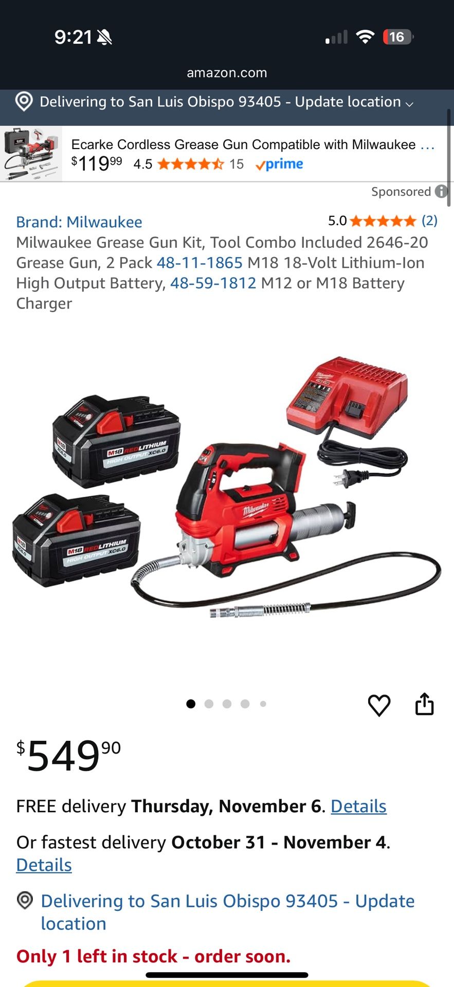 Milwaukee M18 18V Lithium-Ion Cordless Grease Gun 2-Speed with (2) 6.0Ah Batteries and Charger