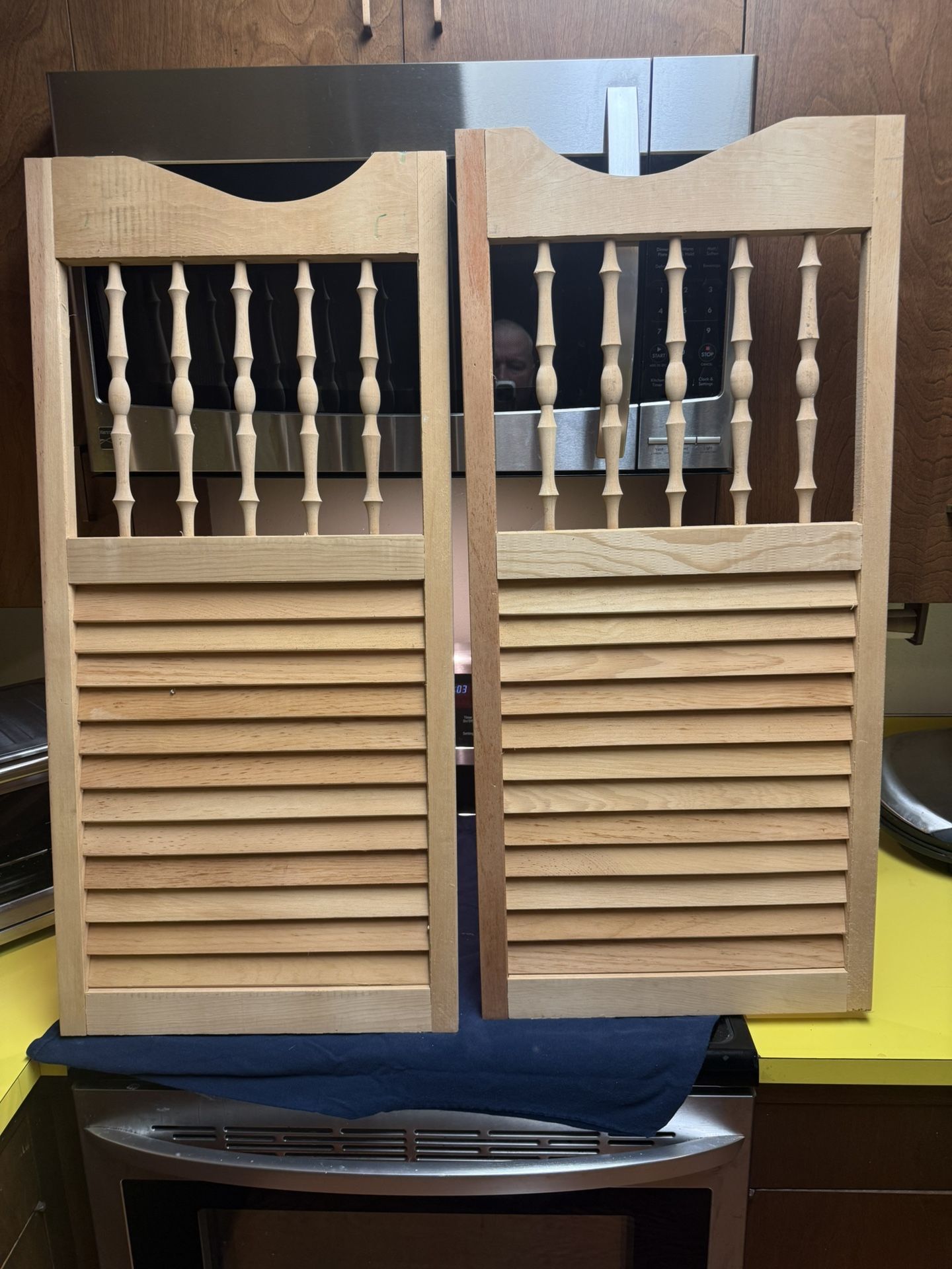 Pair of unfinished, pinewood, louver, saloon or Café doors