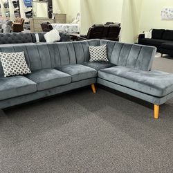 New Mid Century Sectional.  Blue Or Light Grey Velvet.  111” X 85”.  Free Delivery!