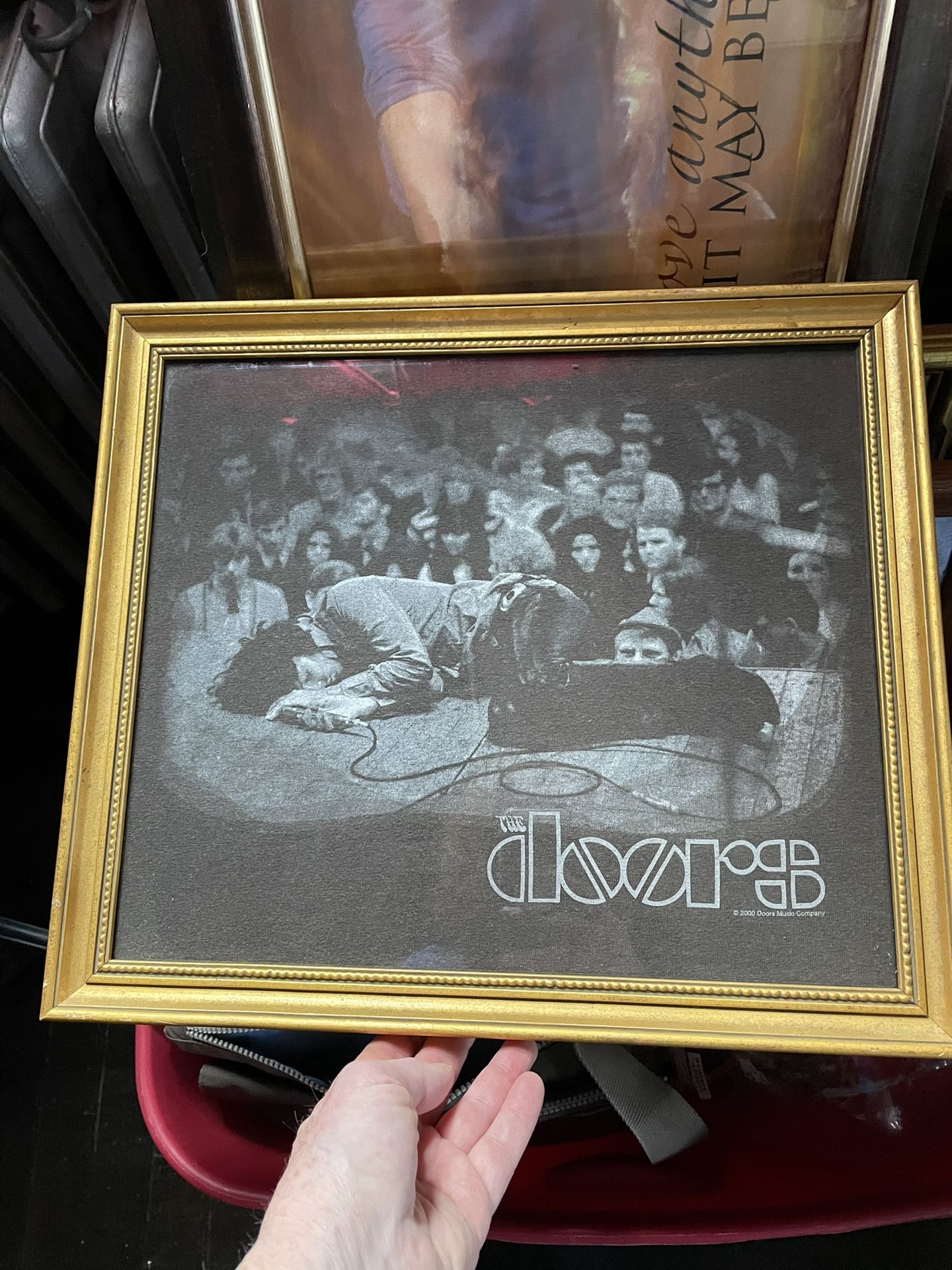 The Doors vintage T-shirt, framed in an antique gold coordinate frame under glass. Ready to hang.