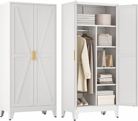 2582a $130 71" Metal Armoire Wardrobe Closet with Hanging Rod, White-X 5 Shelves Heavy Duty Steel Wardrobe Cabinet with Adjustable Shelves, Clothing