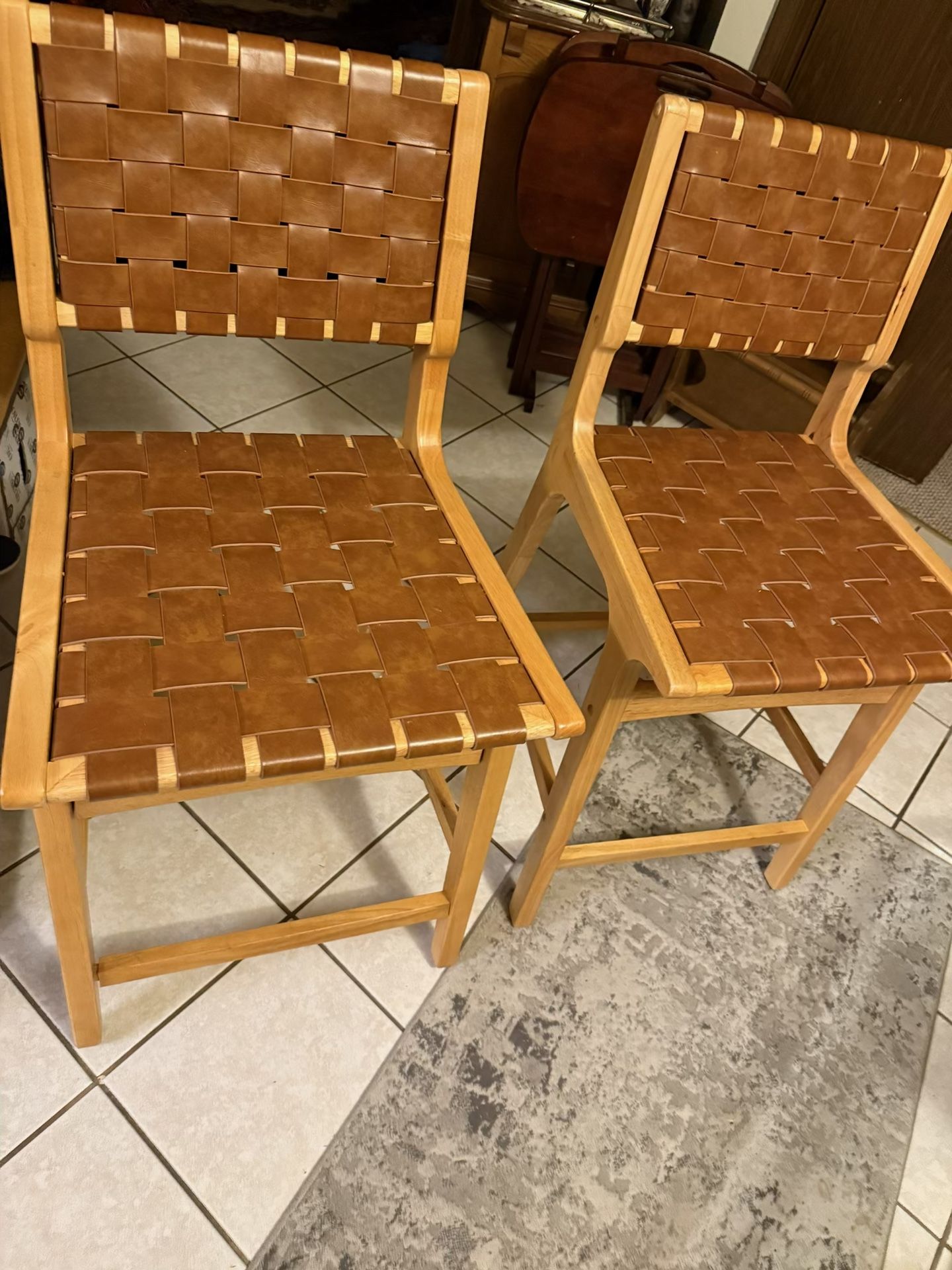 CangLong Bar Stool Set of 2, Counter Stool with PU Leather Woven Straps Seat & Back, Wooden Frame Bar Chair 24" Seat Height for Kitchen Island & Pub,