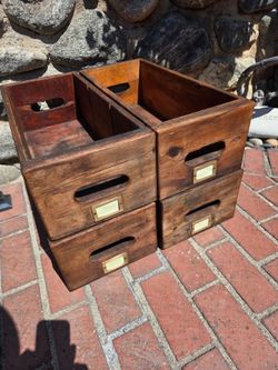 Rustic hand made wood storage crates with brass name holders 4pcs