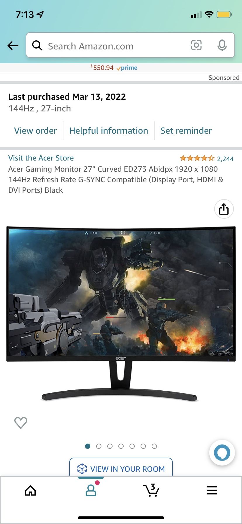 Acer Curved Gaming Monitor 27” 144hz