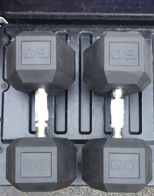 NEW PAIR OF 60 LB. RUBBER HEX DUMBBELLS Also have : 40s 50s 70s 90s
