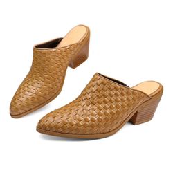 POYOIOR Brown Woven Pointed Toe Mule Chunky Heel Faux Leather 7.5