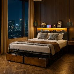 King  Bed Frame with 2 Storage Drawers,Upholstered Metal Platform Bed Frame with USB Ports and LED Lights,No Box Spring Needed, Noise Free