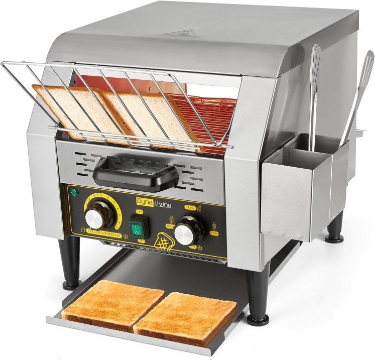 Dyna-Living Commercial Toaster 300 Slices/Hour Stainless Steel Restaurant Toaster Conveyor with Storage Boxes 2200W Heavy Duty