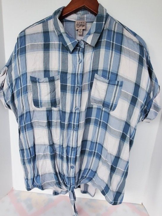 COMO VINTAGE Womens 2X Plaid Print Knot Front Button Up Short Sleeve Top Blue