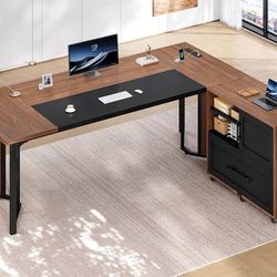 63" Executive Desk with Mobile File Cabinet, Large Office Desk with Drawer, Modern L Shaped Desk with Power Outlets, Storage Shelves, Corner Computer 
