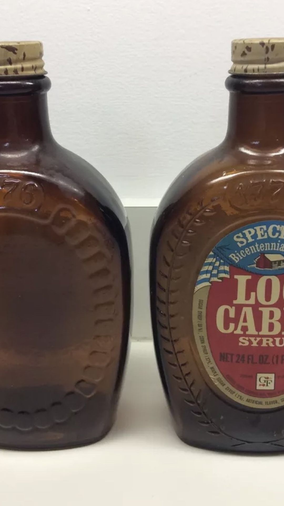 Vintage Log Cabin Syrup Bottles 1776 Amber Brown Bottles Bicentennial Flask GC