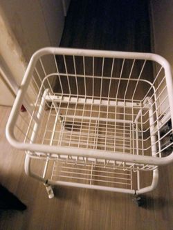 White Metal Wire Rolling Laundry Cart