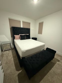 Black Velvet Tufted Bed Frame with Tall Headboard