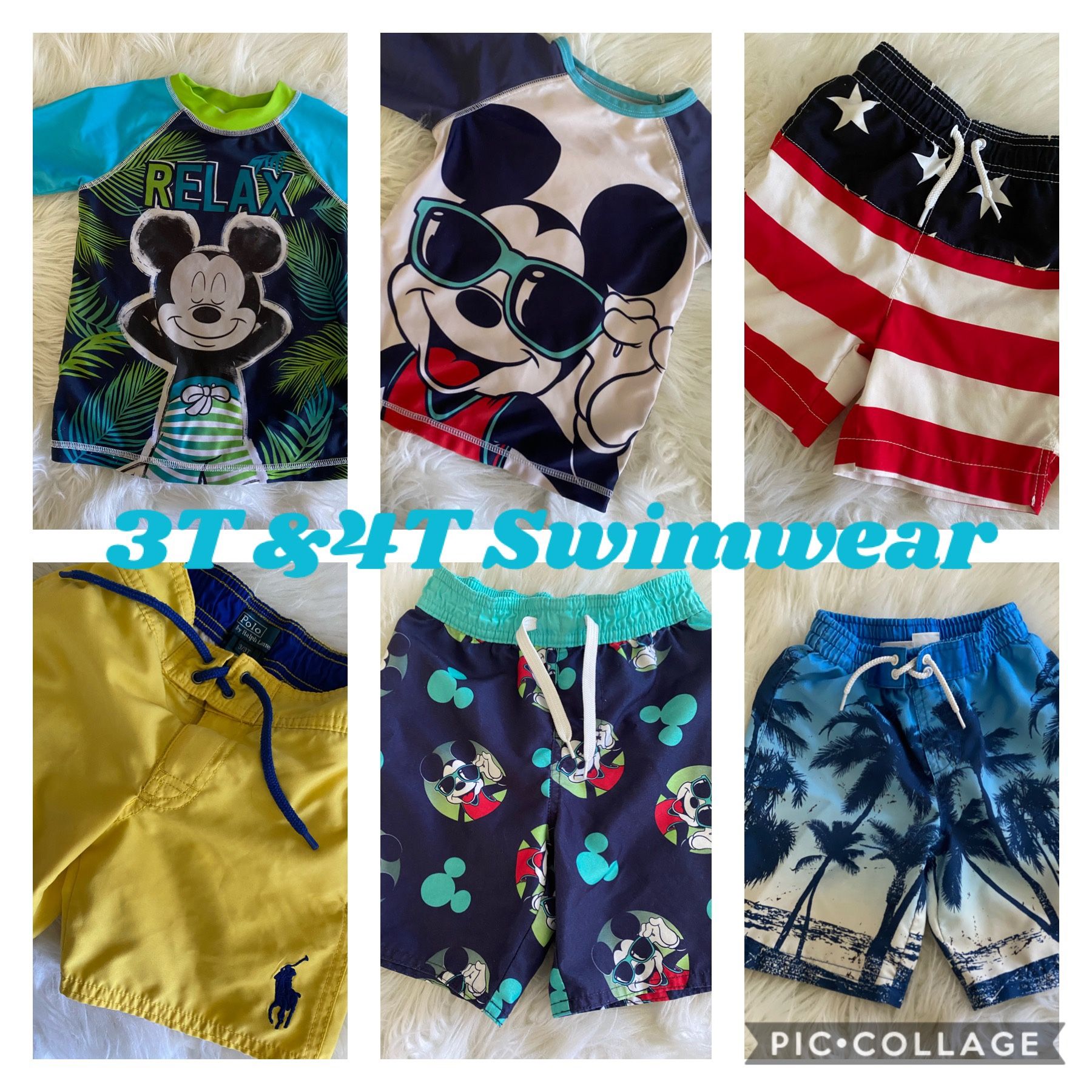 Size 3T Swimtrunks & 4T Rash Guard, (5 swim trunks & 2 Rash Guards) Polo swim trucks have 2 side pockets and pocket in back, $8.00 (brand new condit