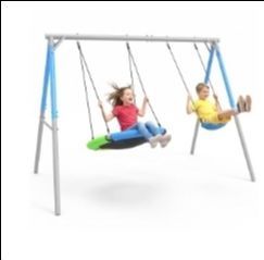 Swing Set, silver frame blue accents, blue belt swing and rainbow saucer swing