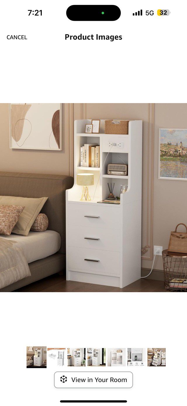  Tall Nightstand 3 Drawers, Small Bookshelf with Adjustable Shelves, Charging Station and USB Ports, End Table with Storage Cabinet, for Bedroom, Stud