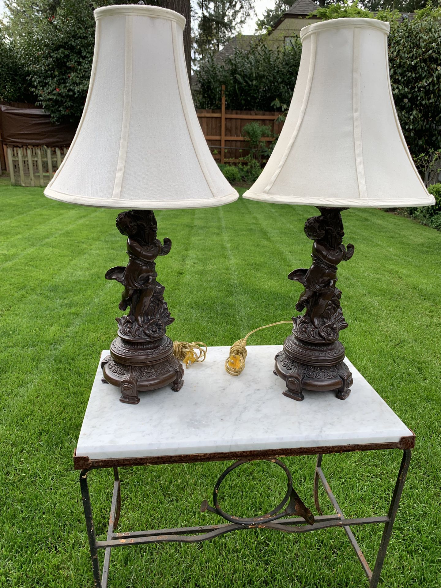 Beautiful Metal Cherub Lamps with Bell Shaped Shades