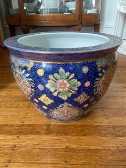 Large Hand-Painted Ultramarine Blue Vintage Porcelain Fish Bowl Cachepot Planter, Gold Gilt, 11x11”