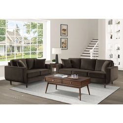 Brand New Brown Velvet Midcentury Sofa + Loveseat 2PCs Set