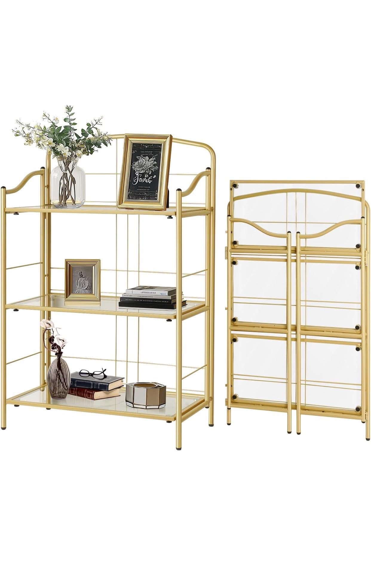 No Assembly Bookshelves, 3 Tier Classic Gold Folding Book Shelf, Foldable Bookcase with Glass Shelf,