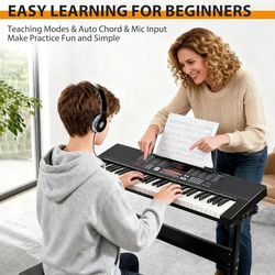 61-Key Portable Electric Keyboard Piano with Built In Speakers, LED Screen, Headphones, Microphone, Piano Stand, Music Sheet Stand and Stool