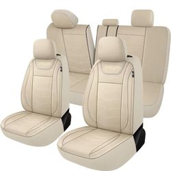 Luxury Leather Car Seat Covers Full Set for Sedans, SUVs Pick-up Trucks (Beige)