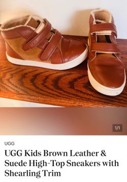 UGG Kids Brown Leather & Suede High-Top Sneakers with Shearling Trim