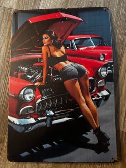 12x8” Vintage Pin-Up Classic Car Metal Tin Sign