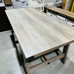 WAMPAT Farmhouse Dining Room Table for 6 Person, 67.7 Inch Rectangular Wood Modern Kitchen Table with Metal Decor and Footrest, Rustic Grey