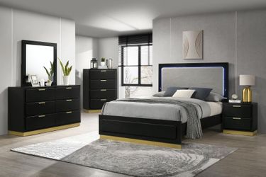 BEDROOM SET, 4 PC QUEEN BED FRAME, DRESSER, MIRROR AND NIGHTSTAND -NEW-