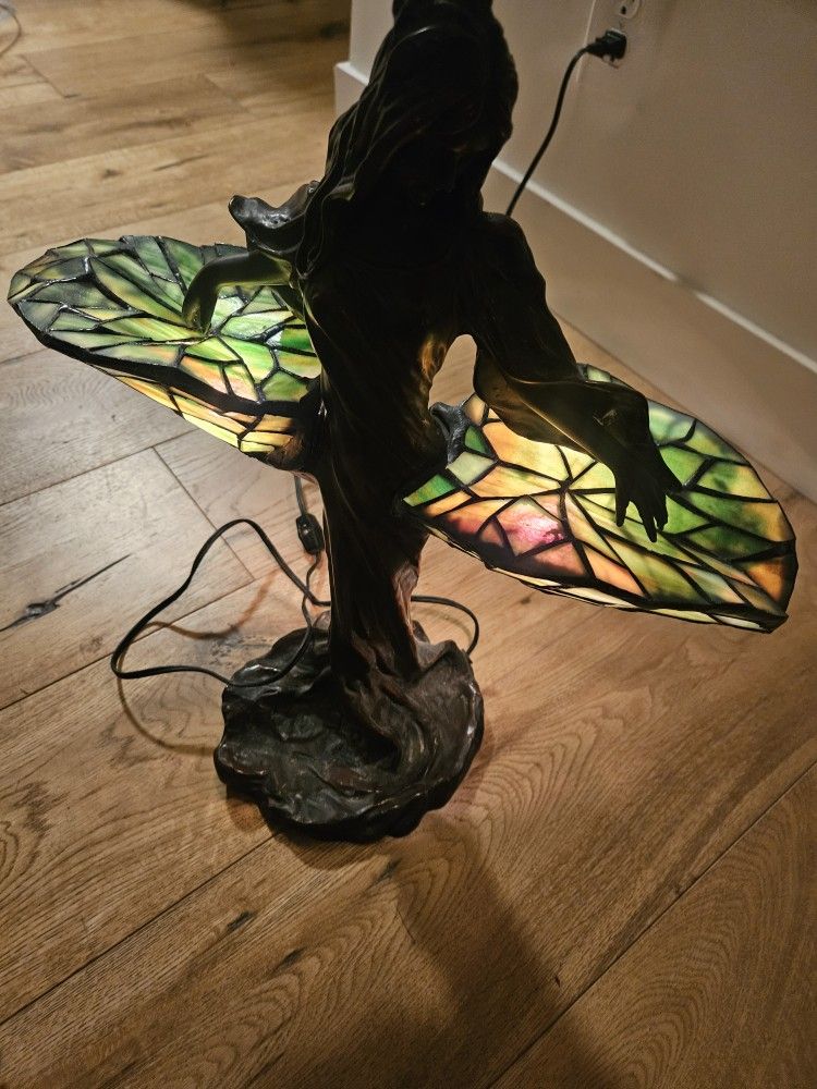 Antique Jules Jouant Style Bronze Art Nouveau Girl Leaded Lamp. Works great