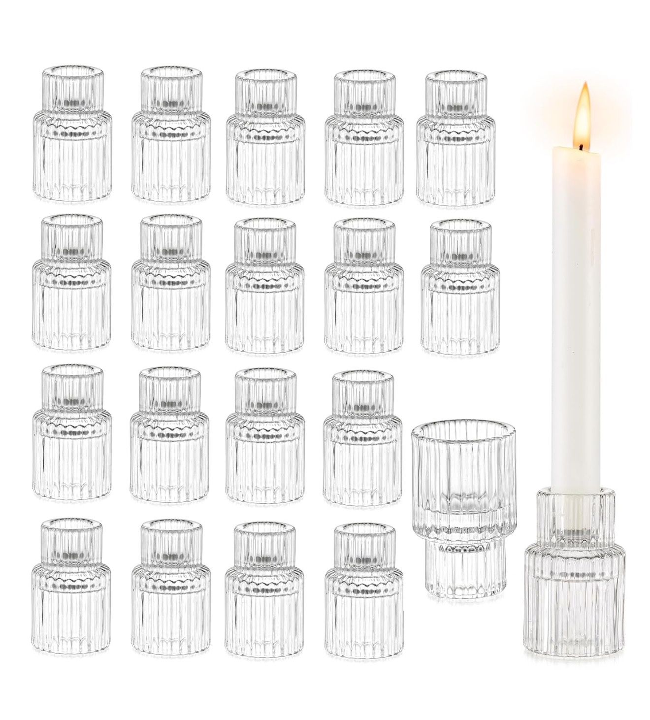 Glasseam Glass Candle Stick Holder: Small Candlesticks for Taper Candles, Bulk Set of 20, Mini Crystal Clear for Wedding Centerpieces Party Decoration