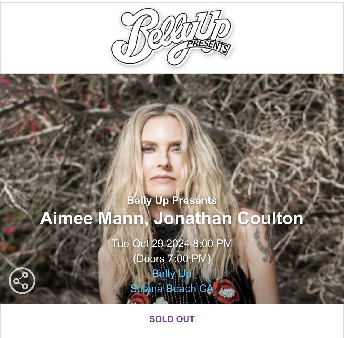 Aimee Mann San Diego belly up 2 VIP Tickets Includes Soundcheck Experience