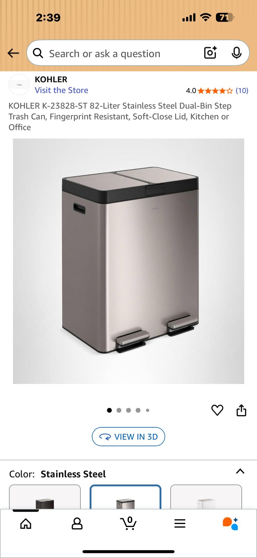 Kohler Dual Compartment Stainless Steel Tras Can