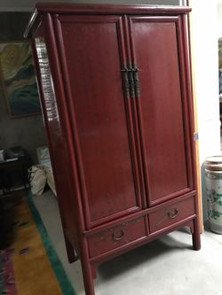 Antique Chinese Red Lacquered Armoire with Doors, Drawers and Brass Hardware