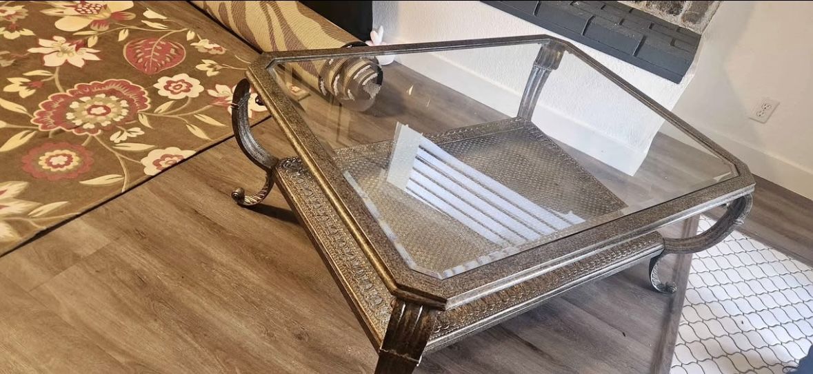 BEAUTIFUL SET OF Pewter Console & Coffee Tables With Thick Beveled Glass!