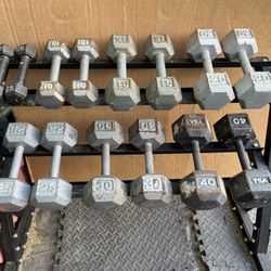 5-40lb Hex Iron Dumbbell Set With Rack 360lbs