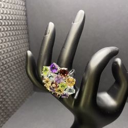 Sterling Silver Multi Gemstone Ring Size 7.25 Approximately 13 Grams